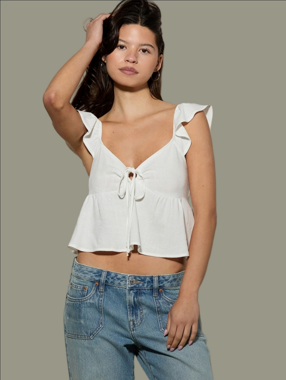 LA Hearts Pacson Keyhole Linen Blend Babydoll Top Ruffle Cap Sleeve Smocked Back